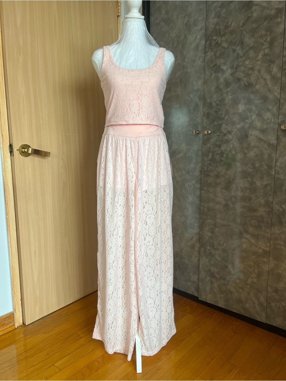 No Boundaries Blush Pink Lace summer trouser suit with Layered Bodice